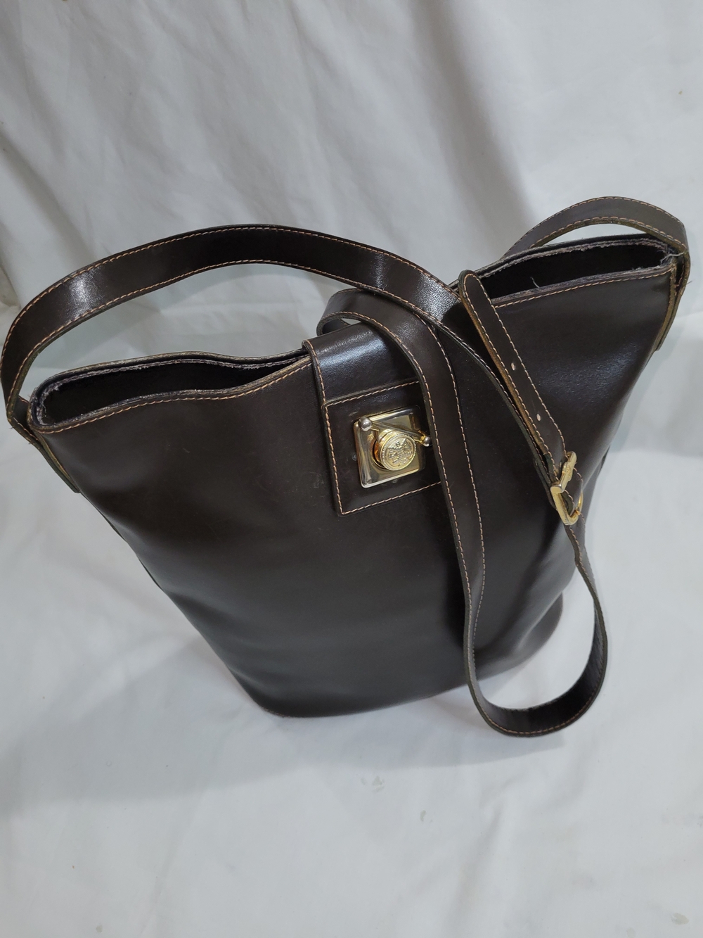 Vintage FENDI Leather Shoulder Bucket Bag in Dark Brown with Gold Hardware
